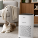 Domestic cat sitting peacefully next to a modern white HEPA air purifier in a bright, clean living room.
