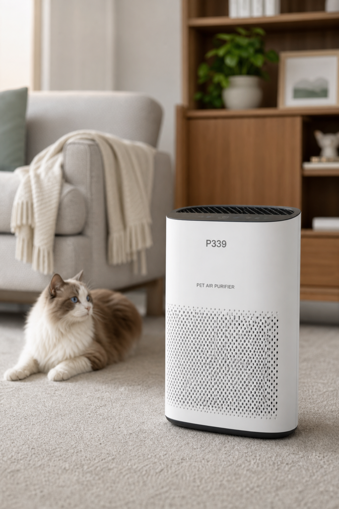 Domestic cat sitting peacefully next to a modern white HEPA air purifier in a bright, clean living room.